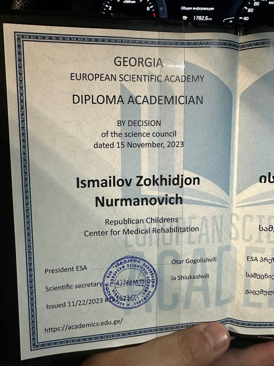 Gruziya Yevropa ilmiy akademiyasining 2023 yil 15 noyabrdagi qaroriga asosan “Akademik” diplomi
